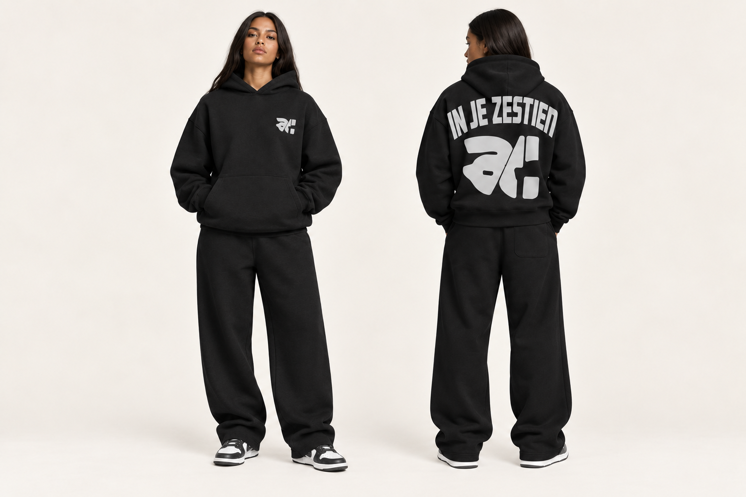 Black Hoodie Tracksuit — Zwart